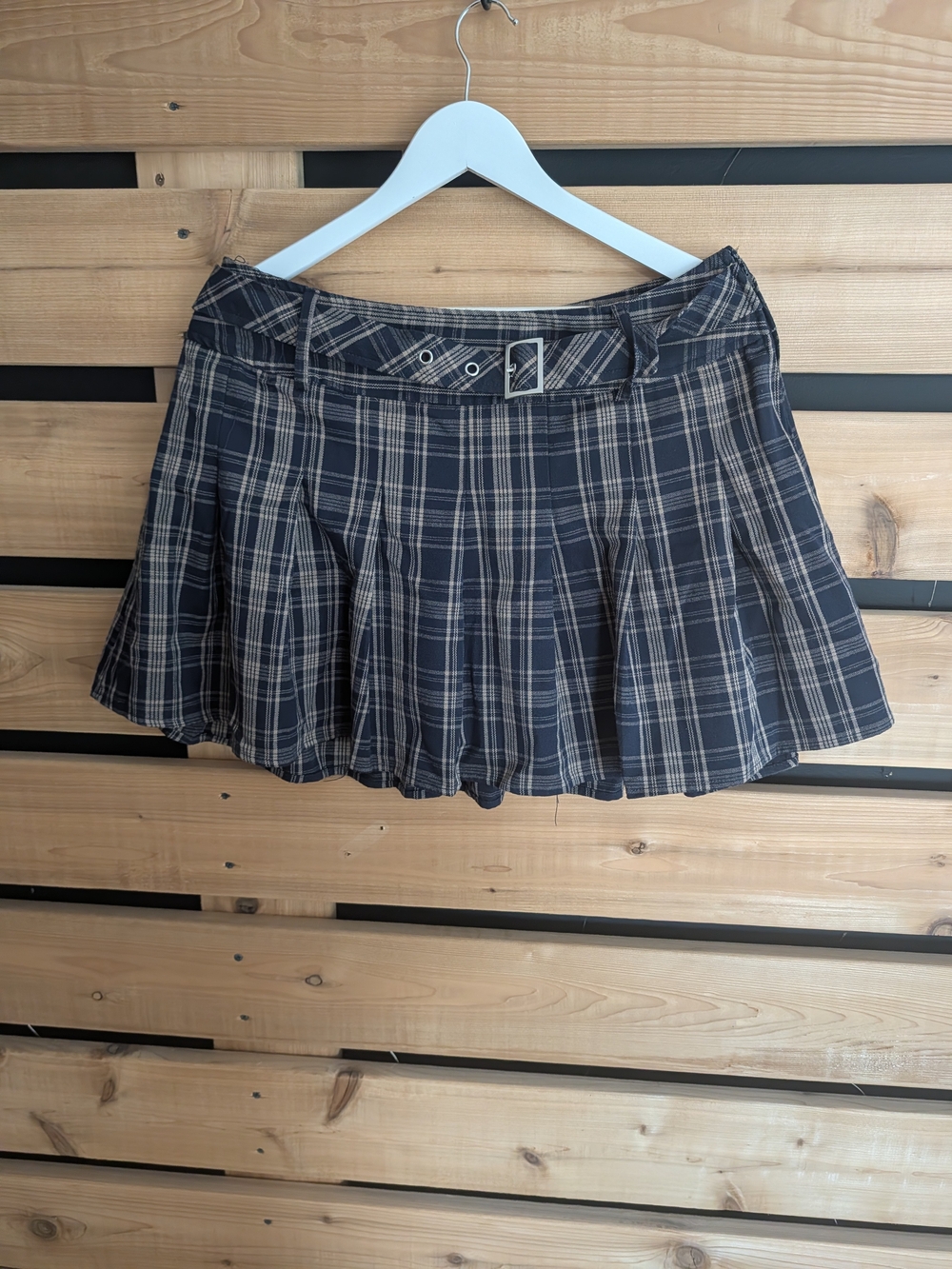 Plaid Pleated Mini Skirt in Navy and Beige